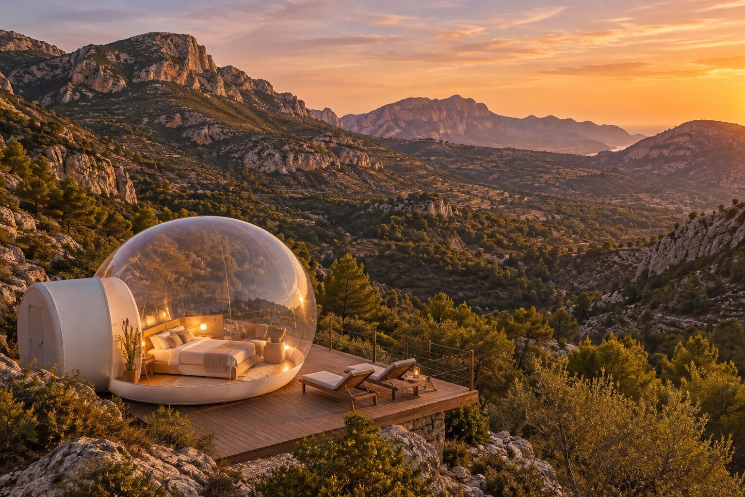 Ilustración de una burbuja ficticia con terraza en un valle montañoso mediterráneo al atardecer