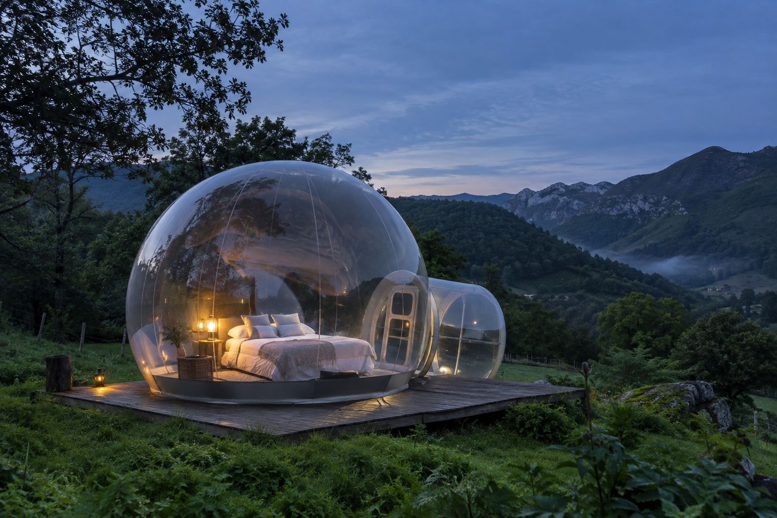 Burbuja transparente con cama iluminada y montañas al fondo