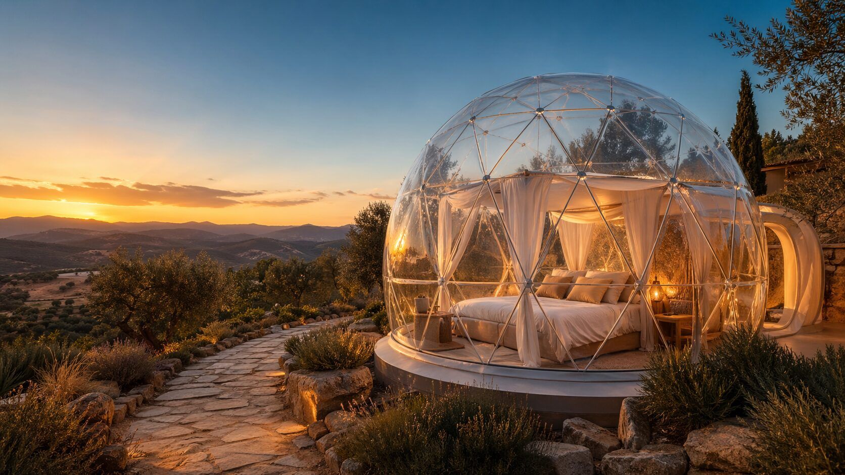 Hotel burbuja de lujo al atardecer en un paisaje mediterráneo de España