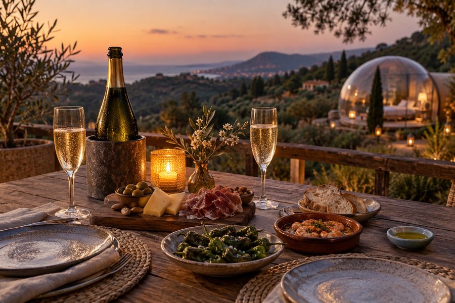 Ilustración generada con IA de una cena ficticia con dos copas de cava en una terraza