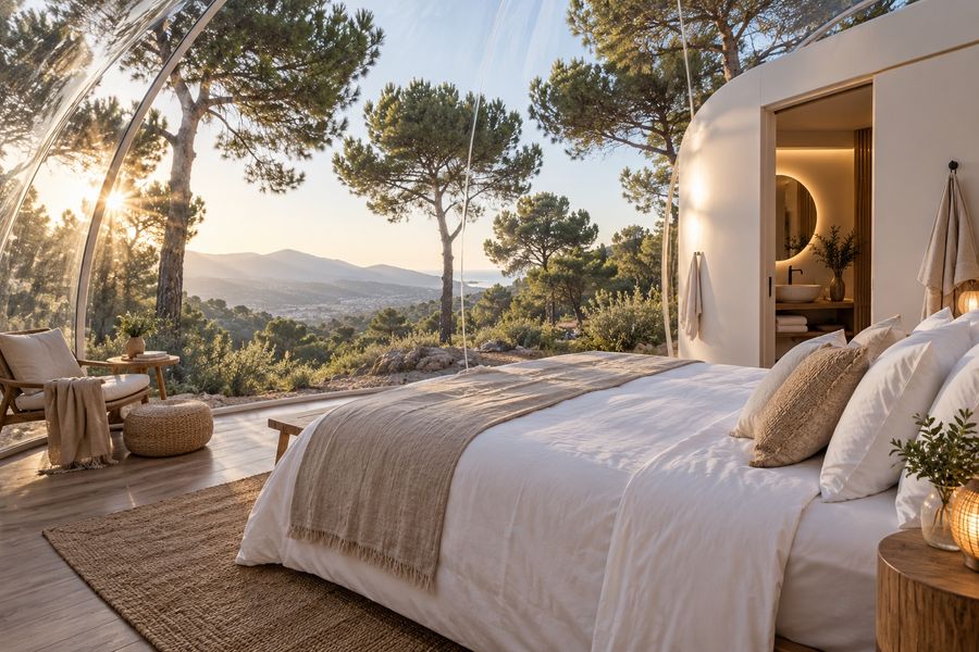 Ilustración generada con IA del interior ficticio de una suite burbuja con vista a pinos y baño separado