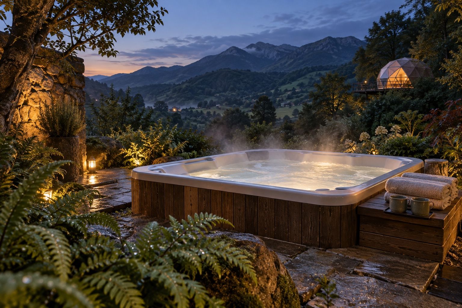 Ilustración de un spa ficticio en un jardín con helechos y un domo elevado al fondo al anochecer