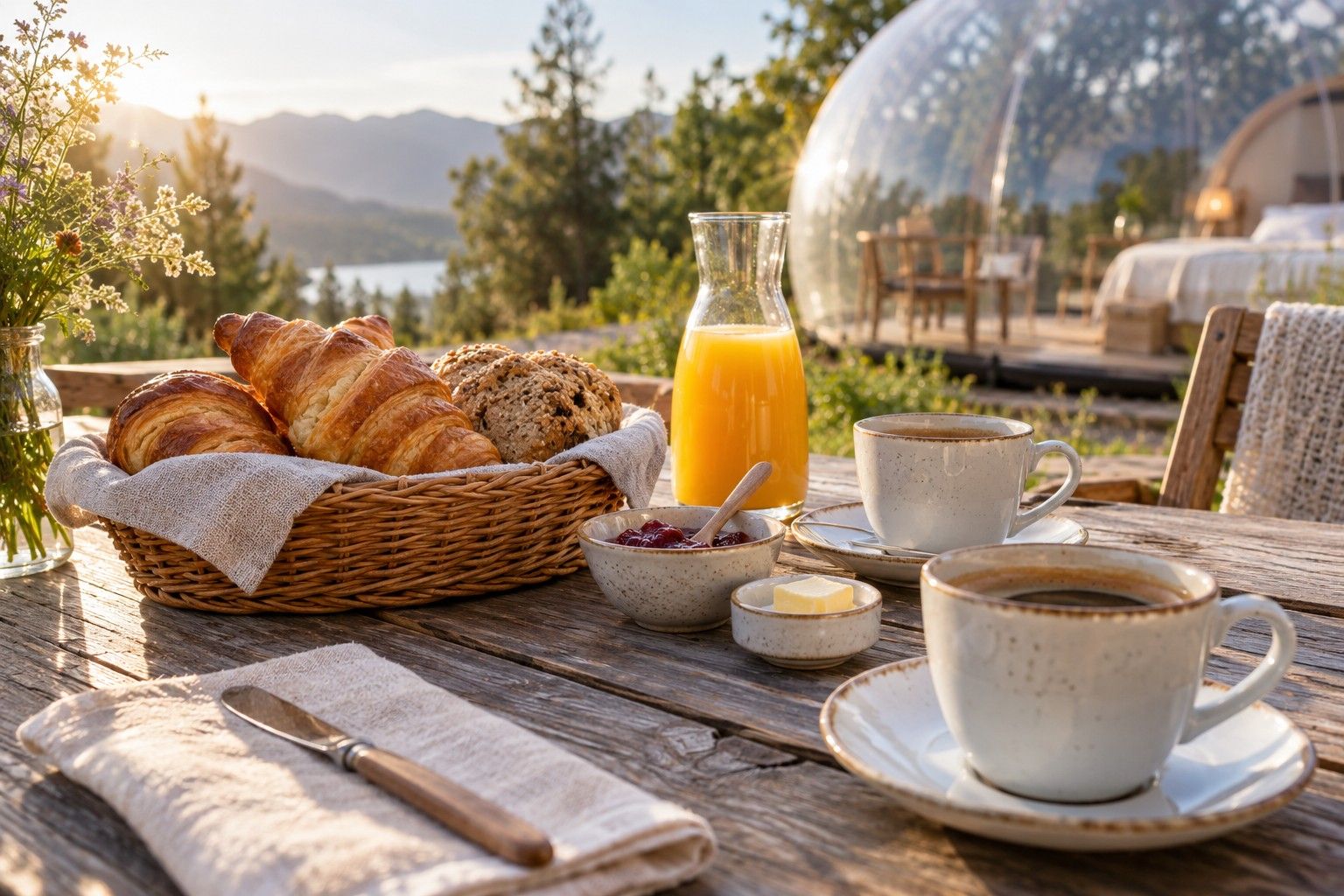 Ilustración de una cesta con cruasanes, pan, zumo y café en una terraza junto a una burbuja