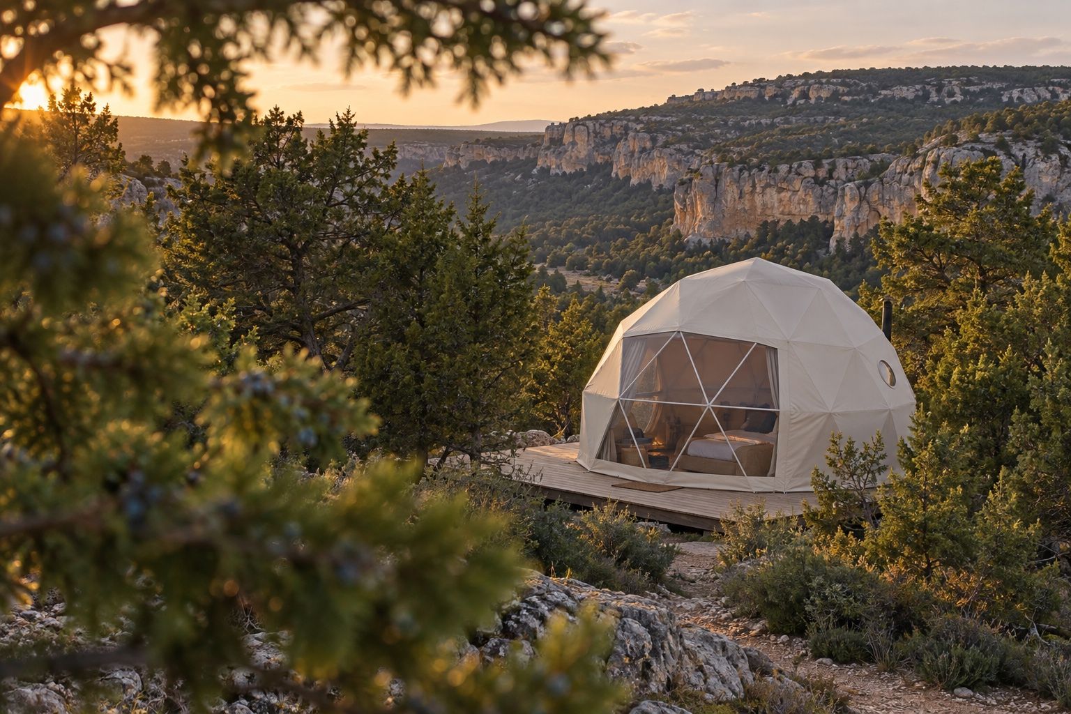 Ilustración de una tienda geodésica ficticia con ventanal entre pinos y sabinas en un paisaje calizo