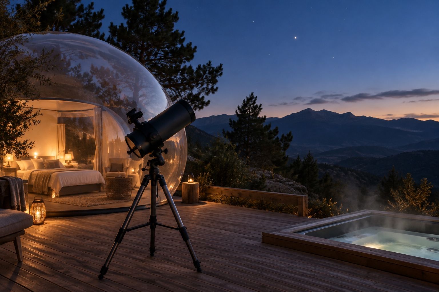 Ilustración de un telescopio y un spa exterior junto a una burbuja ficticia al anochecer