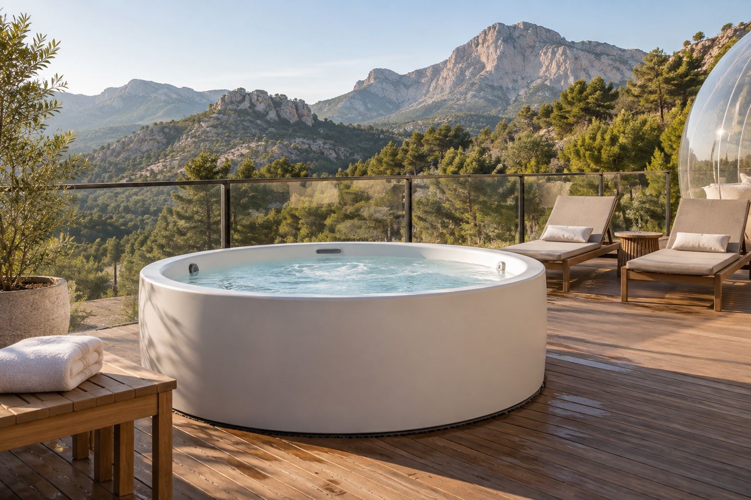 Ilustración de un spa exterior ficticio en una terraza con vistas a montañas mediterráneas
