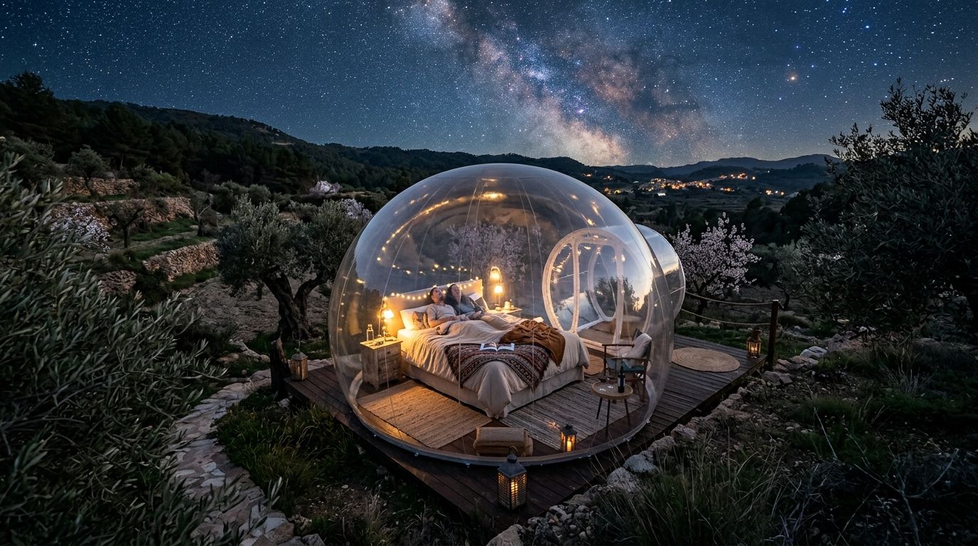 Hotel burbuja en Castellón bajo un cielo estrellado entre olivos