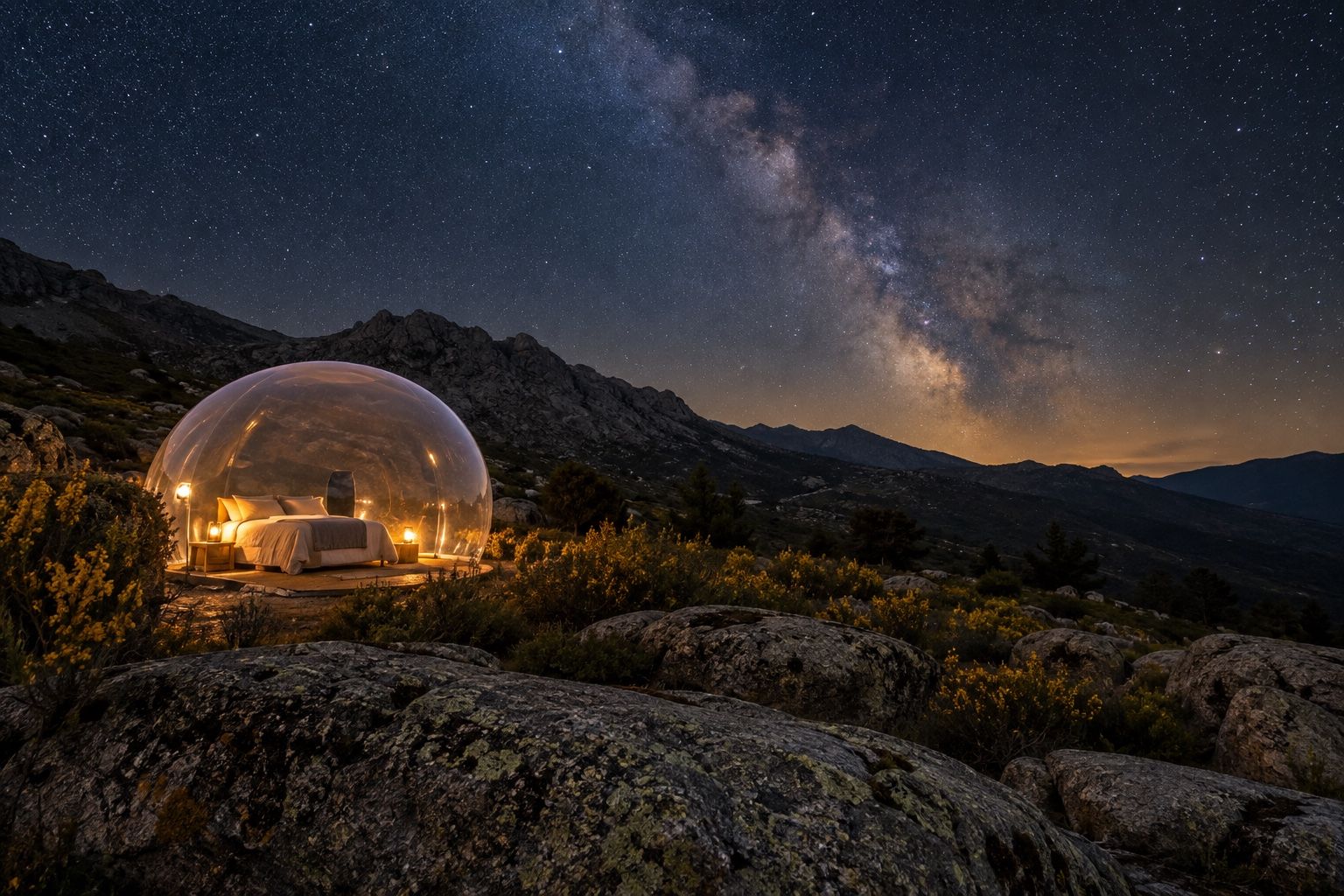 Ilustración de una burbuja transparente ficticia junto a rocas de granito bajo un cielo estrellado