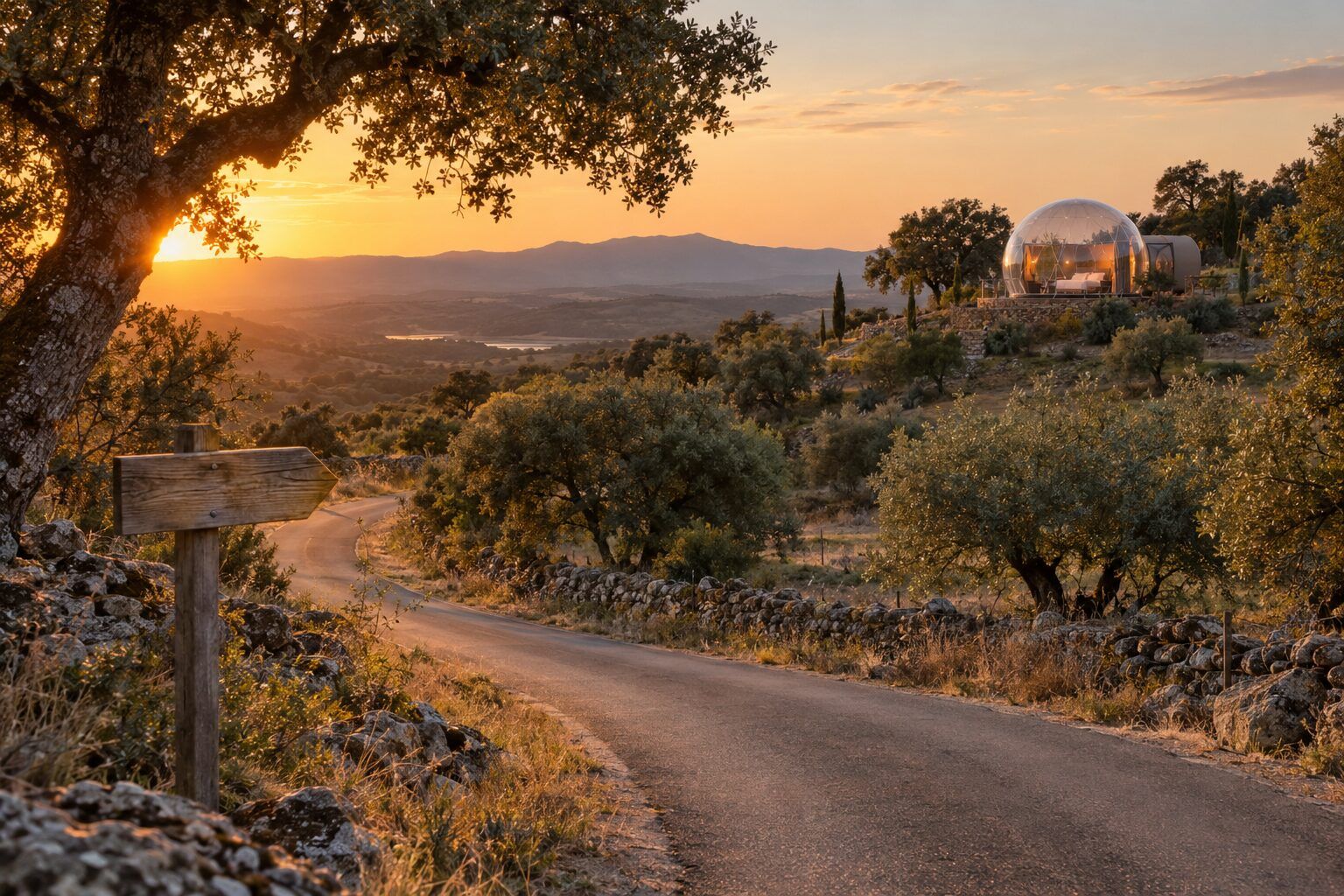 Ilustración de una carretera rural junto a una burbuja ficticia al atardecer