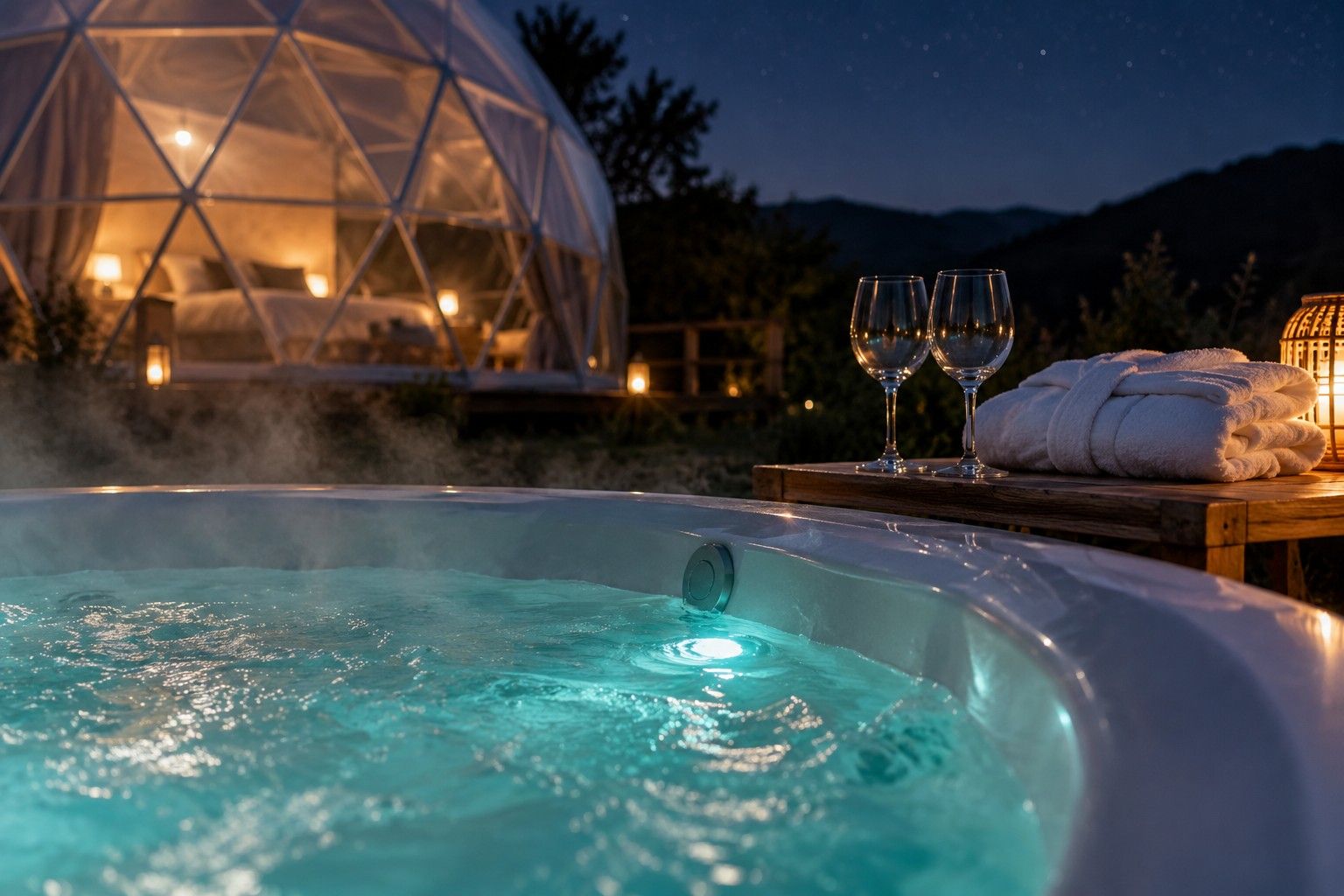 Ilustración nocturna de una bañera exterior iluminada junto a una cúpula transparente