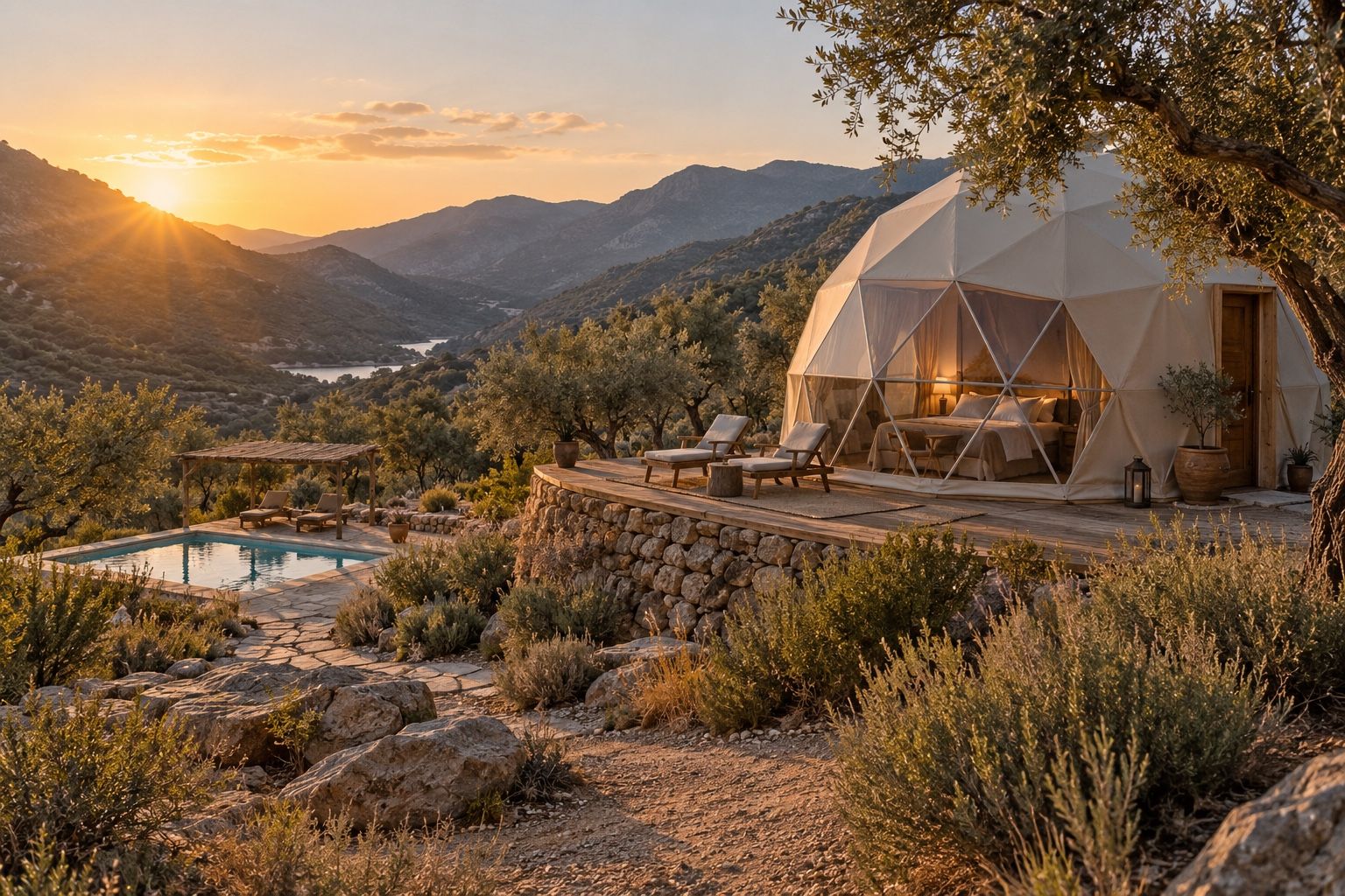 Ilustración generada con IA de un domo geodésico ficticio y piscina separada en un valle andaluz