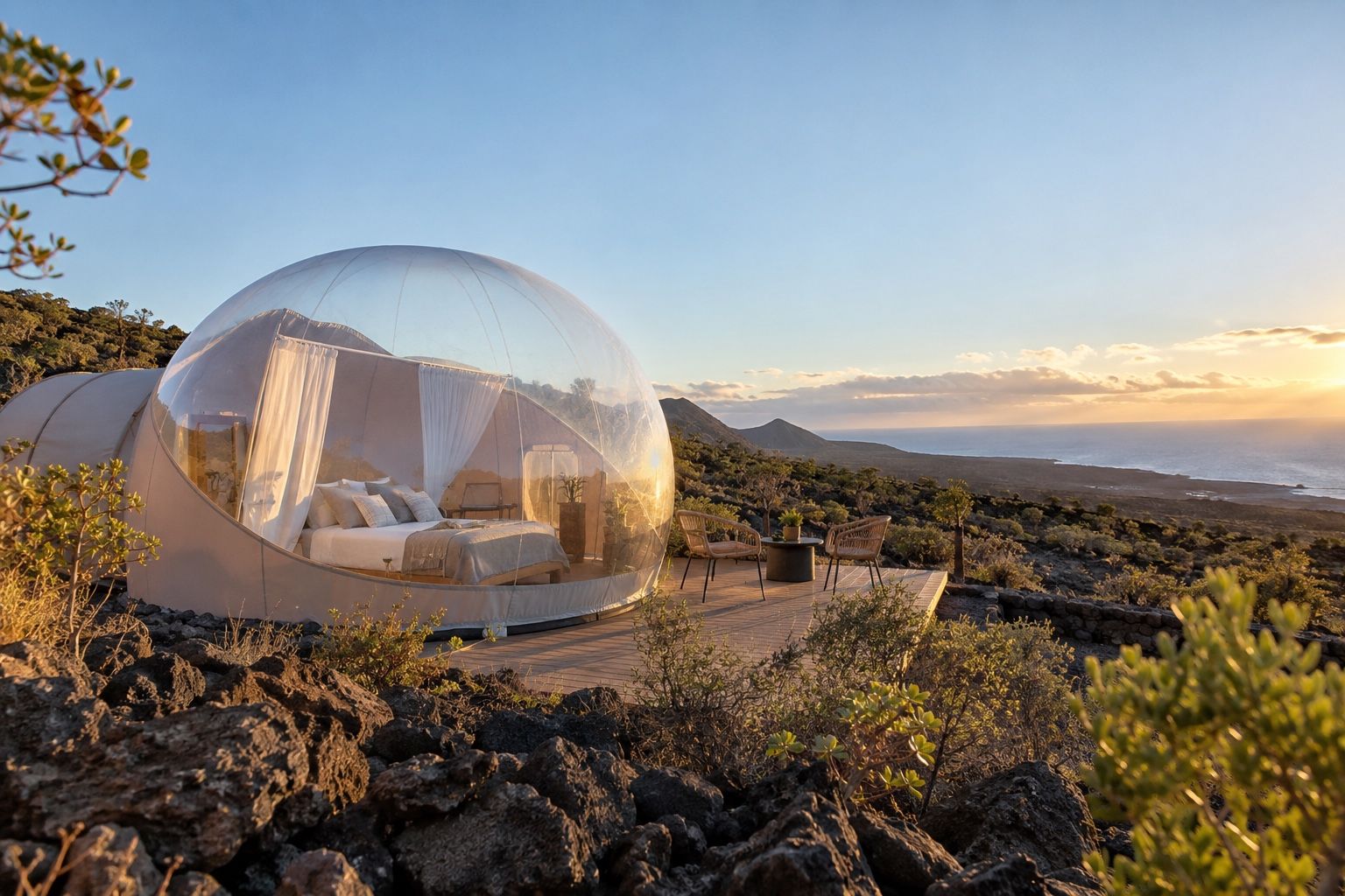 Ilustración generada con IA de una burbuja transparente ficticia en un paisaje volcánico inspirado en Tenerife