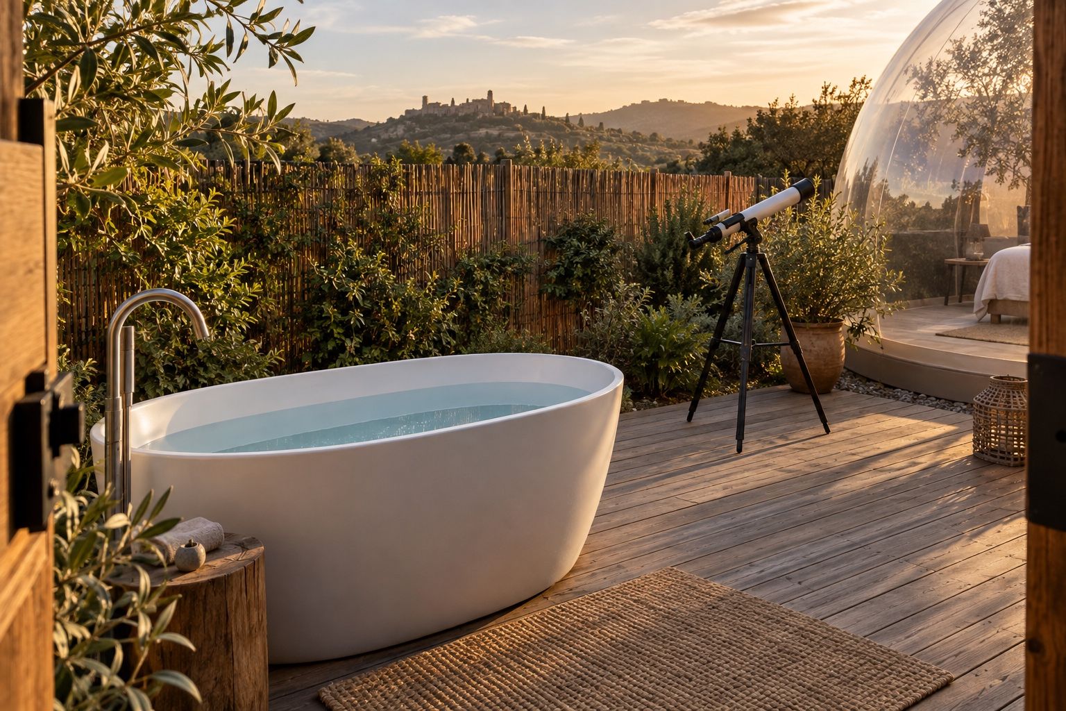 Ilustración de una terraza ficticia con bañera exterior, telescopio y pantalla vegetal