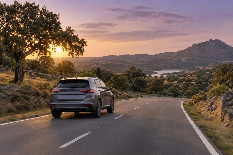 Ilustración de un coche en una carretera rural de colinas al atardecer